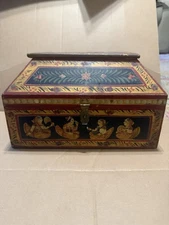 Anglo Raj Vintage Wooden Box Hand Painted Indian Chest Trinket 1970s Large