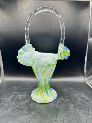 FENTON VASA MURRHINA AVENTURINE BASKET 11'' made 1965 to 1968 BLUE GREEN GLASS