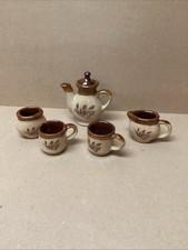 Vintage 5 Piece Crackle Finish Pottery Clay Mini Tea Set Brown Tan Glaze