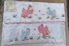 Vintage Embroidered Baby Ducks Crib Sheet  Pillow Case Cross Stitch 2 Piece Set