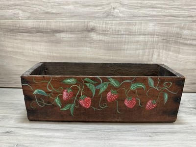Vintage Wood Hand Painted Planter, Storage Box With Strawberries Free Shipping