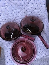 Lot of 3 Vision CorningWare Cranberry color  Pan w/ Pyrex Glass Cookware Lid