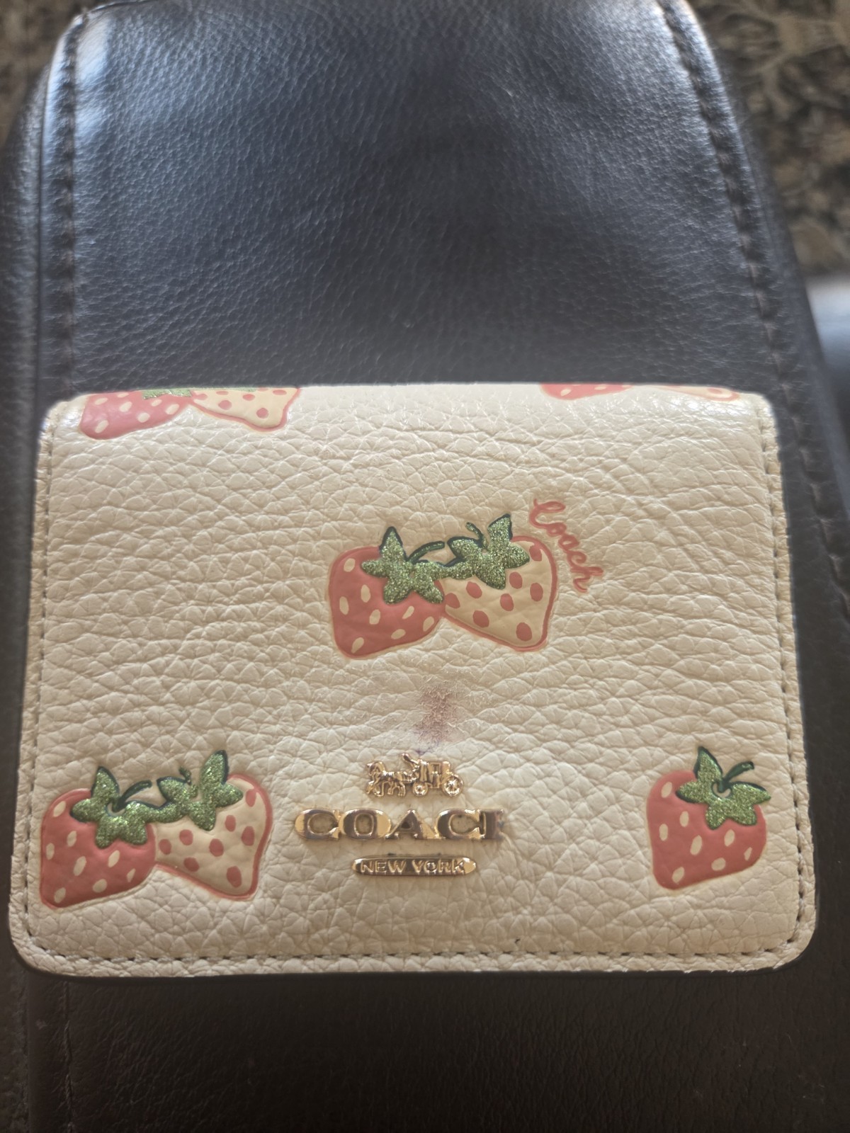 Coach New York White Strawberry Print Folding Snap Wallet Card Holder