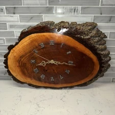 VTG~LARGE WOOD SLAB LAQUERED WALL CLOCK 19” X 12”  TESTED & WORKS!   NUC!