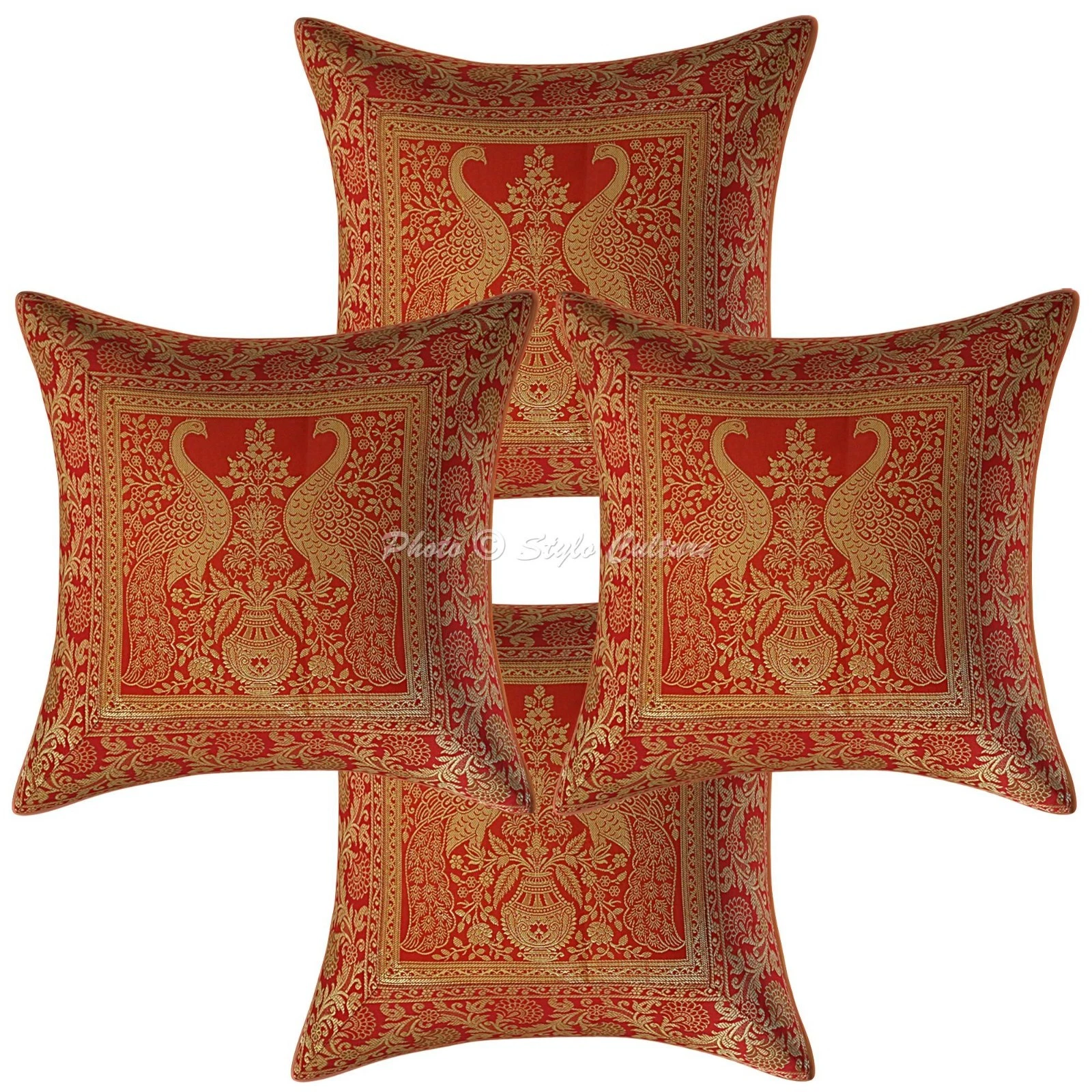 Boho Jacquard Throw Pillow Covers Brocade Peacock Set of 4 Pcs Cushion Cover
