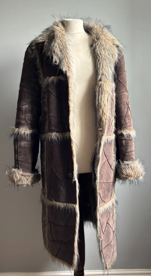 H&M leather RANCHER COAT 38 40 trench fur lining sherpa blogger 60s 14 16 furry - Image 2 of 4