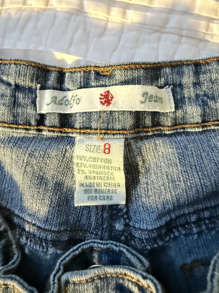 Pantalones de mezclilla Adolfo para mujer talla 8 piernas bordadas corte bota floral azul elástico Foto 3 de 4