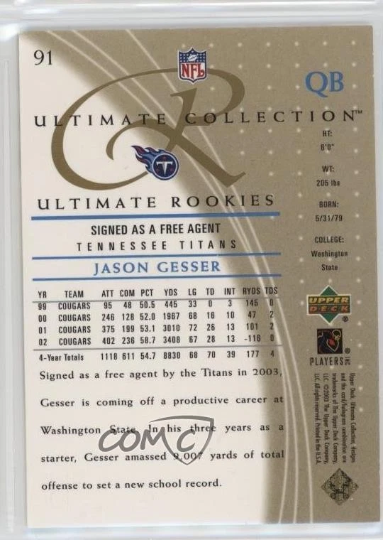 2003 Upper Deck Ultimate Collection Rookies Gold /75 Jason Gesser #91 Rookie RC - Image 2 of 2