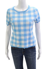 Draper James Womens Light Blue Check Short Sleeve Crew Neck T-Shirt Size S