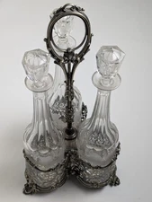 Large 15" Silverplate Cruet Set w/ 3 Etched Glass Bottles & Stoppers – Read Desc