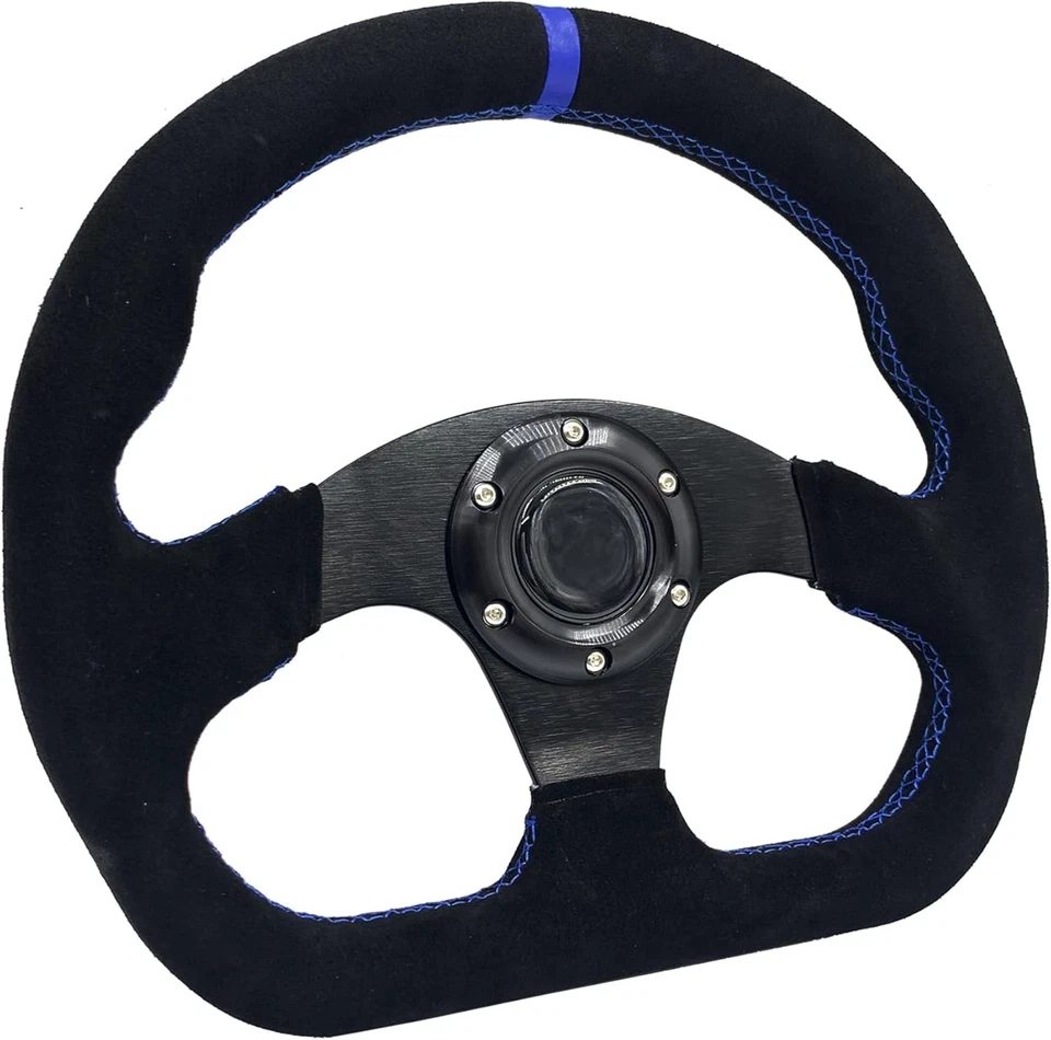 Premium 320mm Suede Leather Racing Steering Wheel with Blue Stitch and Horn - Image 3 of 4