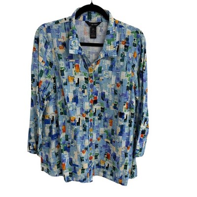 Ali Miles Blue Multicolor Abstract Print Wire Collar Button Up Top Womens Large