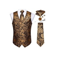 Mens Vest and Tie Set Formal Paisley Waistcoat and Necktie Small Gold Paisley