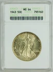 1943 50c Walking Liberty Silver Half Dollar ANACS MS64 Choice BU+ Coin C4671