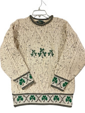 VTG Bracken Pure Wool Irish Fisherman Cable Knit Sweater Cream Green Shamrock