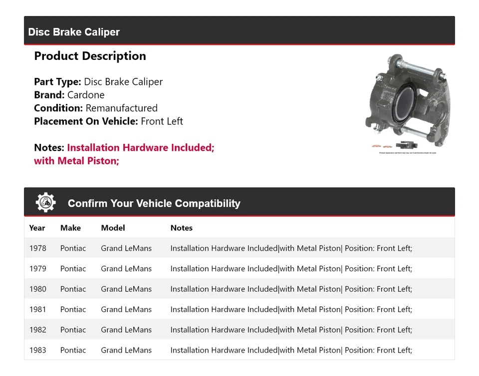 Pinza de freno de disco delantera izquierda cardone 1979 para Pontiac Grand LeMans 1978-1983 Foto 2 de 4
