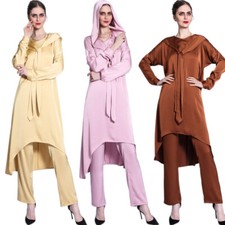 Muslim Women 2pcs Set Hooded Abaya Blouse Pants Dress Robe Islamic Kaftan Outfit