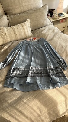 Roller Rabbit Nydia Blue Crosshatch Embroidered Puff Sleeve Boho Mini Dress S