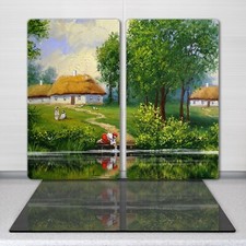 Cuisine planche a découpe Village Villageois Cabanes Arbres Eau 2x30x52 cm