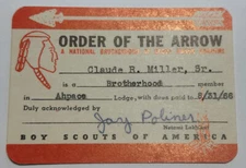 Boy Scout OA Membership Card - Lodge 58 Ah-Pace Pennsylvania 1966  RC6