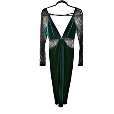 Asos Lace Velvet Party Midi Dress sz: 4 Small Green Sheer Cutout Below the Knee
