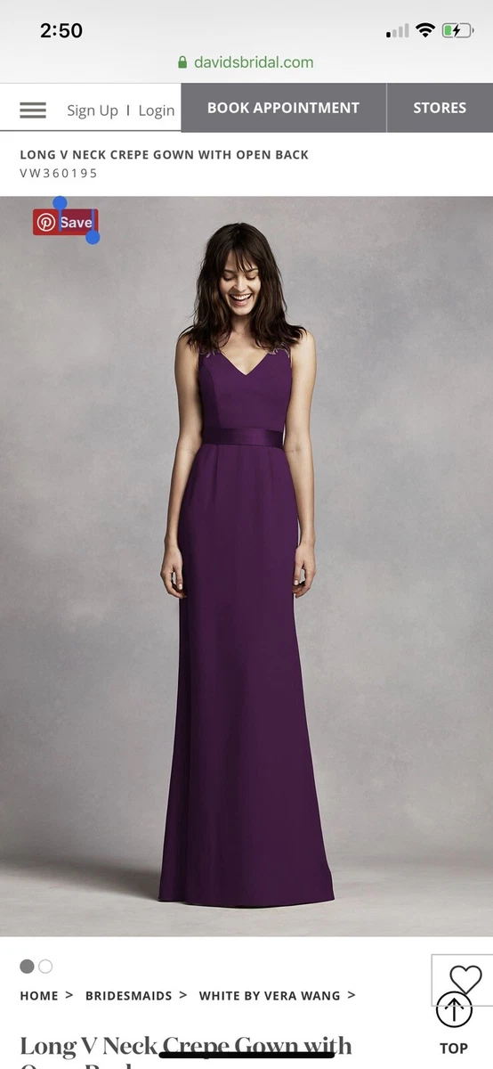 White By Vera Wang David s Bridal Long V Neck Crepe Gown Open