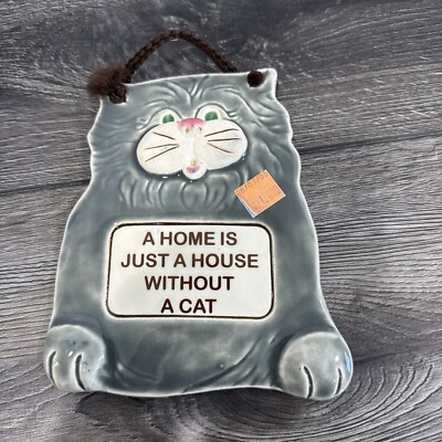 Vtg SMP Smokey Mountain Pottery Gray Cat Wall Hanging Plaque Tile TN