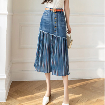 Damen Unregelmäßige Denim Rock Jeans Falten Chiffon A-Linie Midi Patchwork Rock