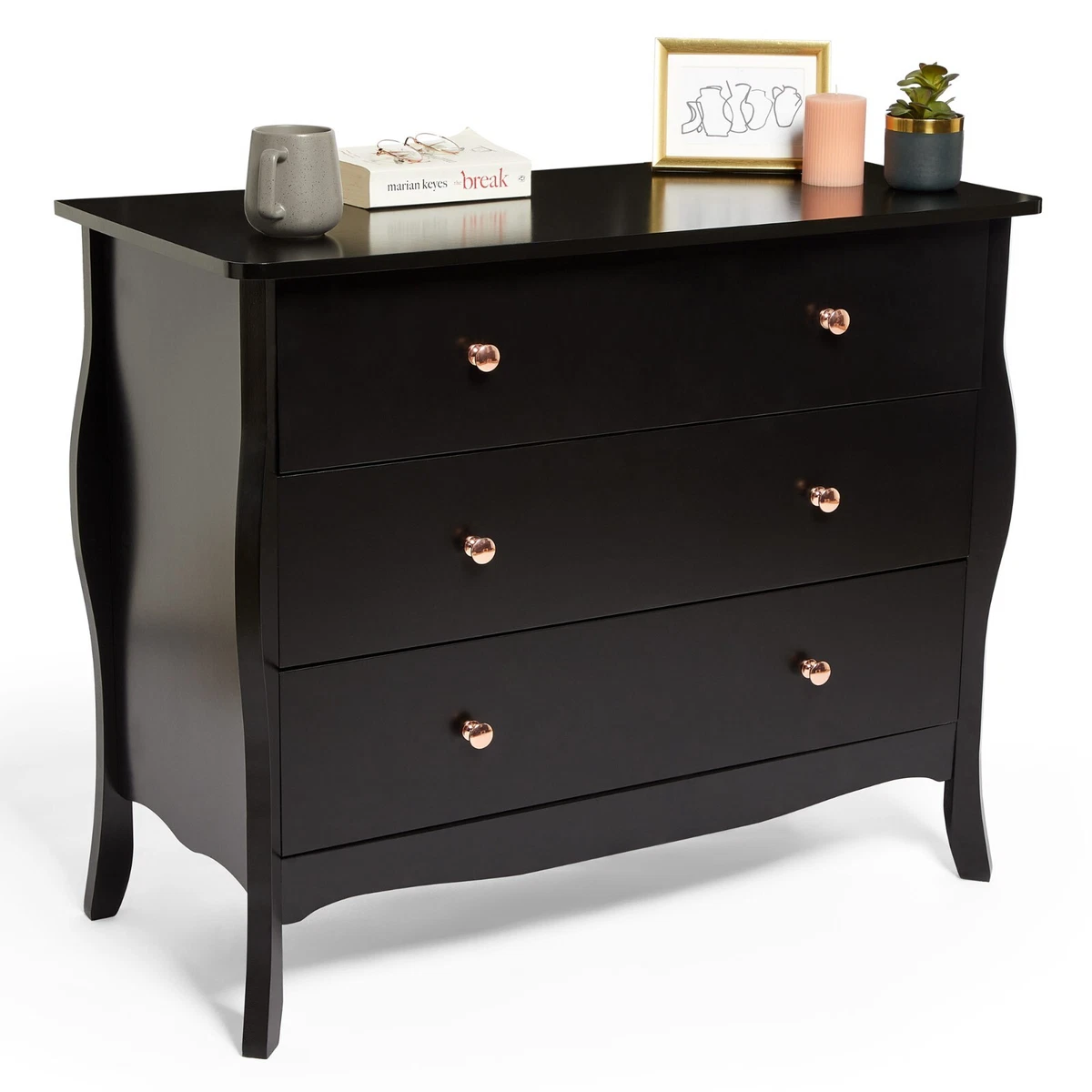 BTFY Chest of Drawers Black 3 Drawer Dresser Cabinet With Rose