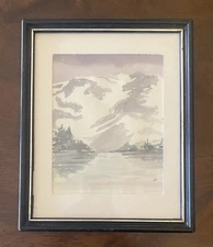 Framed Water Color Landscapre Snowy Mountains Stream Signed rdd