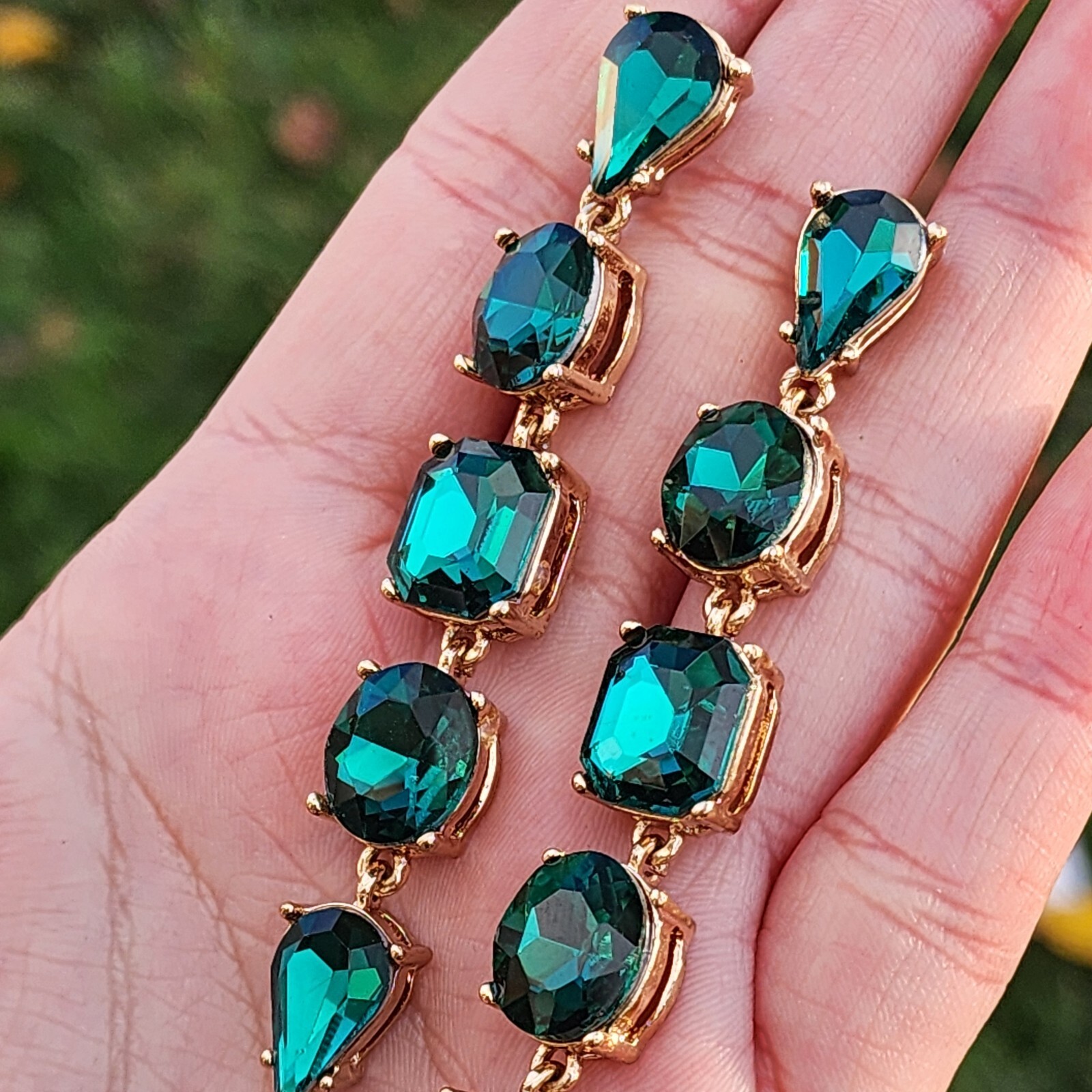 3" Drop Dangle Earrings Green Simulated Emerald C… - image 4