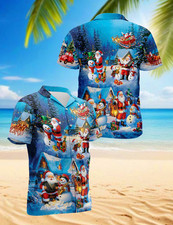 Santa and Snowman Christmas Hawaiian Shirt 3D Print Unisex Aloha Shirt Festive H