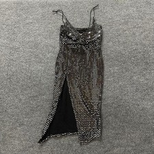 PrettyLittleThing Dress Womens Size 4 Black Silver Sequin Bodycon Midi Side Slit