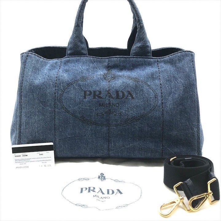 Good Condition PRADA Canapa 2WAY Shoulder Tote Hand Bag Denim Blue Ladies Brand