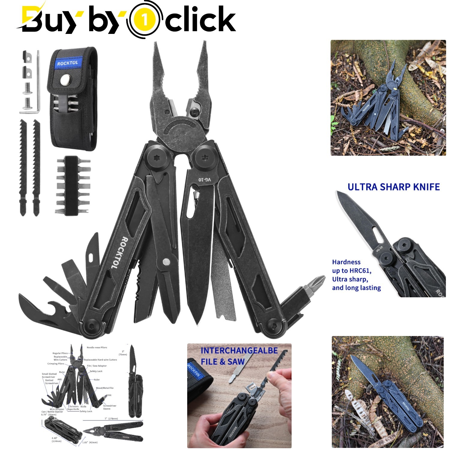 Vielseitiges Rocktol Multitool mit VG-10 Klinge und Nylonschutz für Abenteuer