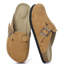 Women's Tan Suede Flat Clog Slippers, Closed Toe, Buckle Strap, US 8