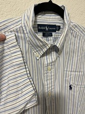 Ralph Lauren Mens Shirt L Short Sleeve Button Down Blue Stripe Blake 100 Cotton
