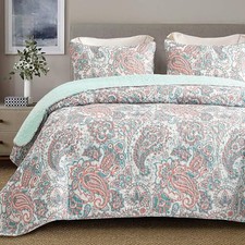 Reversible Boho Quilts Queen Size, Aqua Soft Queen 92"x96" Paisley Aqua