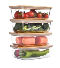 Glass Food Storage Containers with Bamboo Lids (Pack of 4) - Stackable Meal Prep