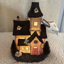 Pink Black Haunted House Figurine with Ghosts Skulls Pumpkin Light Up NEW 8