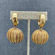 Ivana Clip-On Hoop Dangle Earrings Women Gold Tone Ribbed Dome Medallion Signed