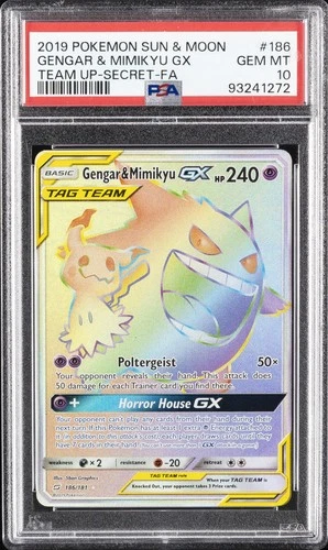2019 POKEMON SUN & MOON TEAM UP SECRET #186 FULL ART/GENGAR & MIMIKYU GX PSA 10