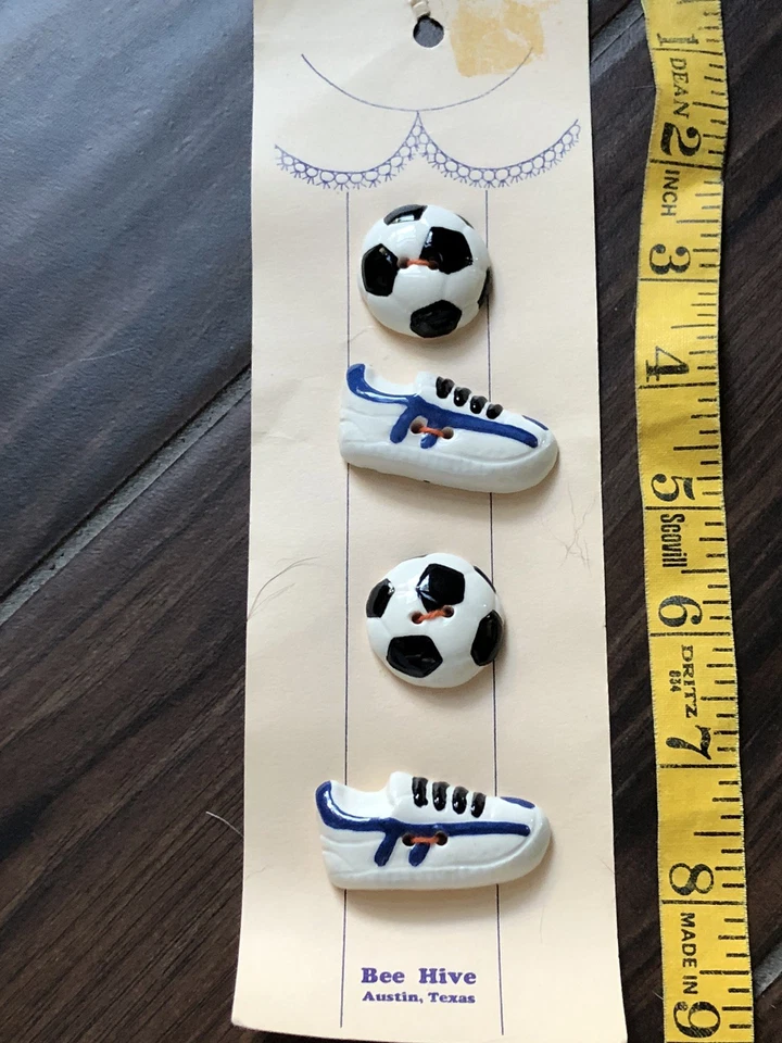 4 CARDS VINTAGE BEE HIVE CERAMIC BUTTONS FARM BALLOONS FOOTBALL SOCCER - Image 3 of 4