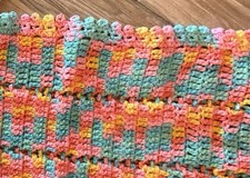 Hand Knit Blue Pink Blue Yellow Crocheted Lap Baby Blanket Throw 56  x 40  