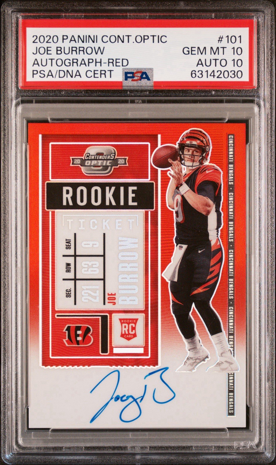 Joe Burrow 2020 OPTIC CONTENDERS RED ROOKIE TICKET AUTO /199 PSA 10 10 