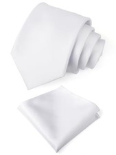 Men Tie Set Solid Necktie Pocket Square Hankerchief Set 3.15" 8CM White