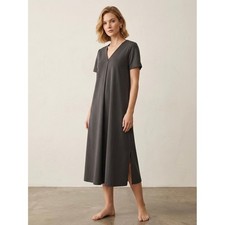 Uniqlo Womens V-Neck Short Sleeve Pleated Midi Dress Dark Gray Medium 187077