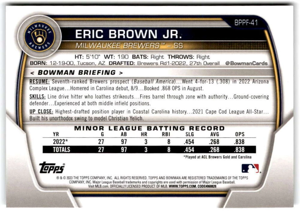 2023 Bowman 1st Edition #BPPF-41 Eric Brown Jr. Milwaukee Brewers - Image 2 of 2