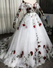 Vintage Red Roses Wedding Dresses Flowers Long Sleeves A Line Lace Bridal Dress