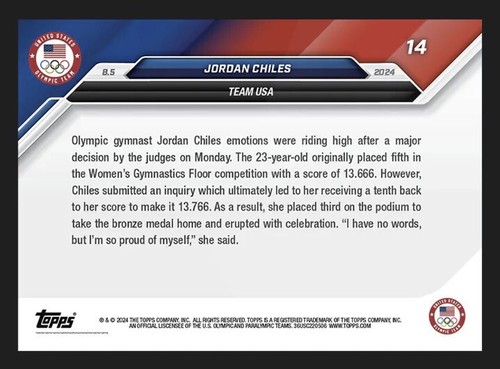 2024 TOPPS NOW ⭐ JORDAN CHILES ⭐ OLIMPIADI PARIGI 2024 ☄️ N. 14 - Picture 2 of 2